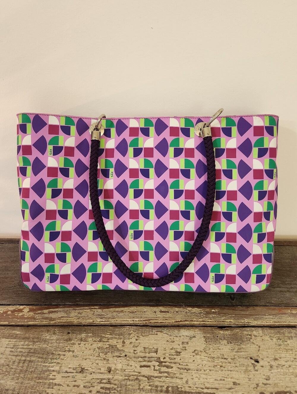 The Sak Purple Retro Geometric Design Tote Bag with Rope Handles 14" x 10" x 4"